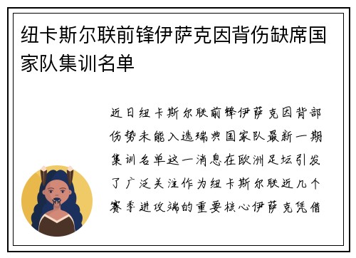纽卡斯尔联前锋伊萨克因背伤缺席国家队集训名单